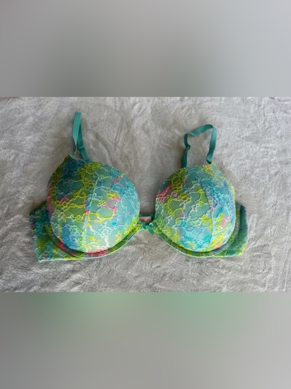 Victoria's Secret Sexy Tee Push-Up Bra 38C Teal Neon Floral Lace Underwire